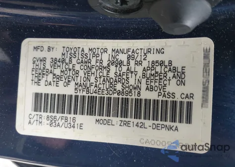 2013 Toyota Corolla Le from USA, damaged, VIN 5YFBU4EE3DP089518